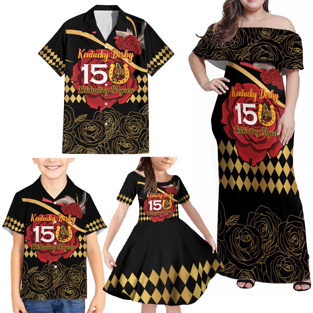 Kentucky Horse Racing Family Matching Off Shoulder Maxi Dress and Hawaiian Shirt Celebrating 151 Years Horseshoe With Roses