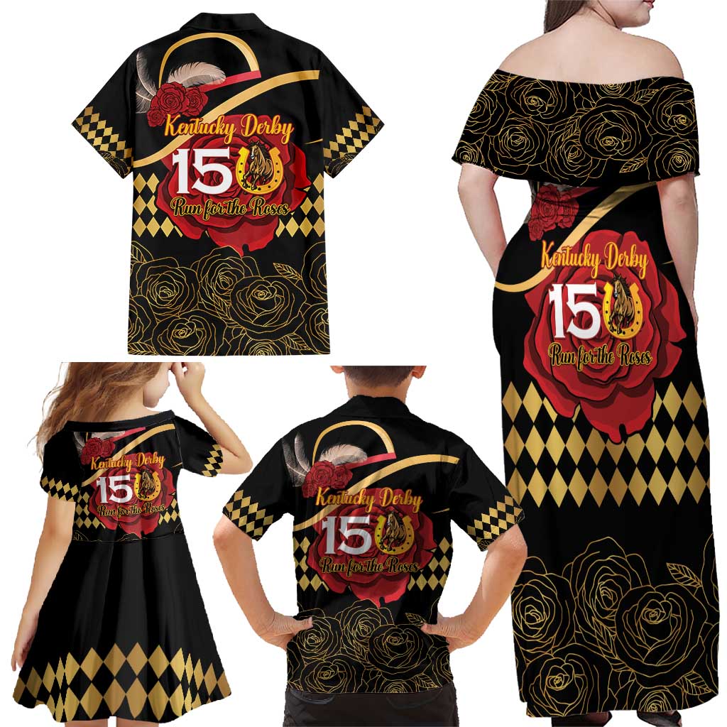 Kentucky Horse Racing Family Matching Off Shoulder Maxi Dress and Hawaiian Shirt Celebrating 151 Years Horseshoe With Roses