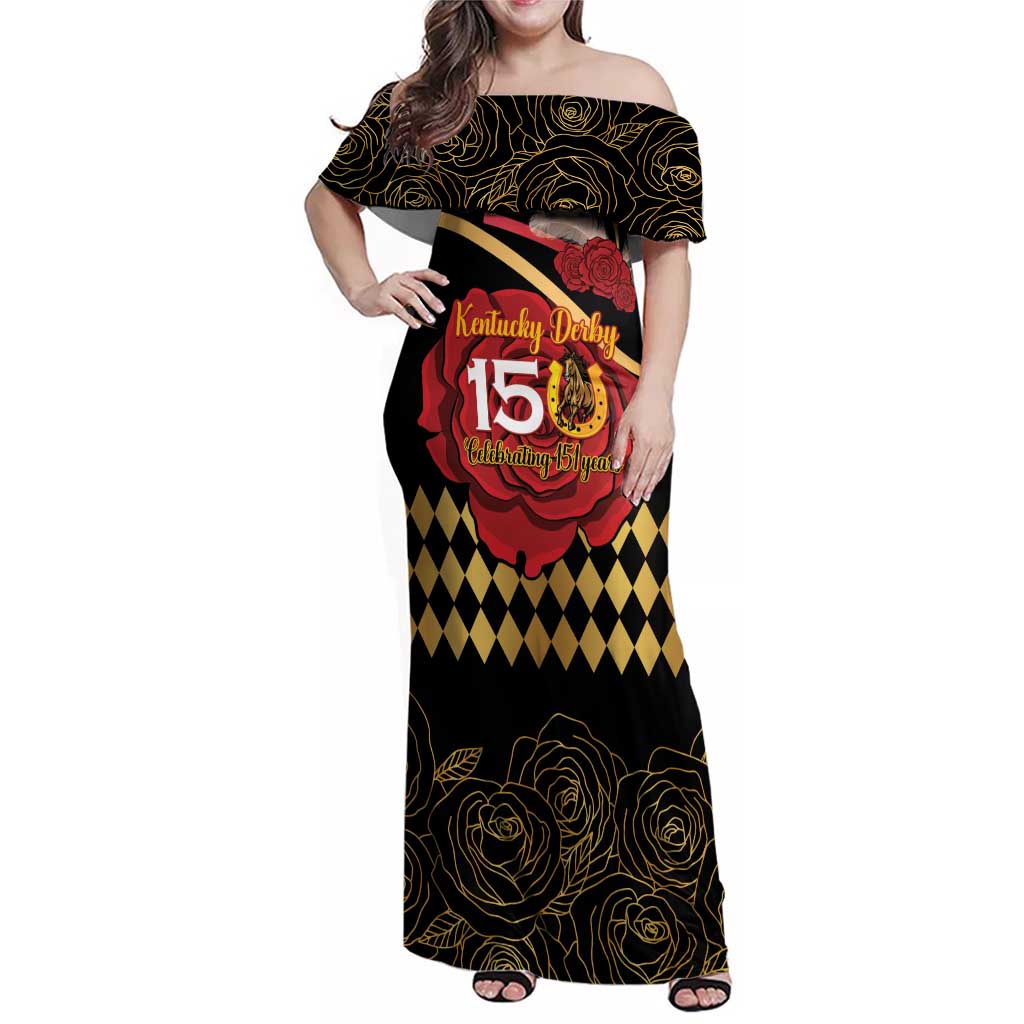Kentucky Horse Racing Family Matching Off Shoulder Maxi Dress and Hawaiian Shirt Celebrating 151 Years Horseshoe With Roses