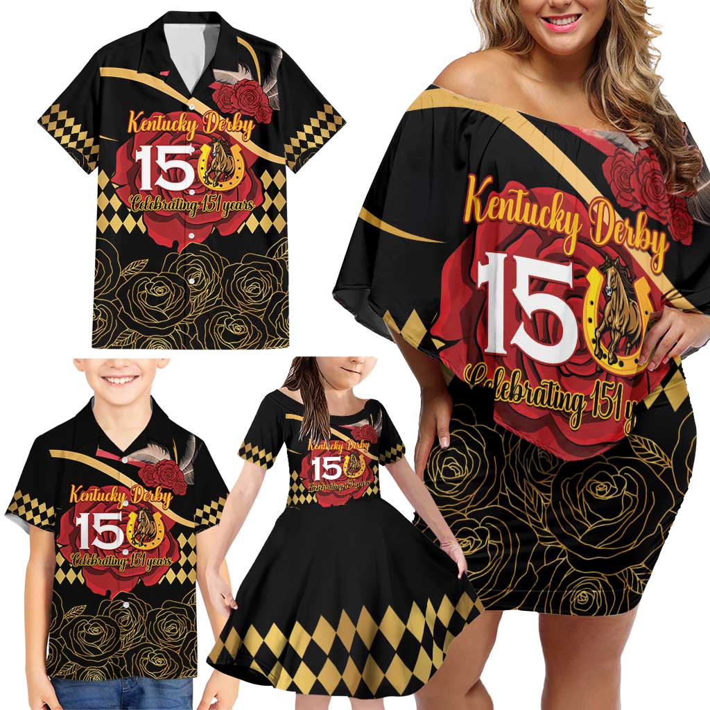 Kentucky Horse Racing Family Matching Off Shoulder Short Dress and Hawaiian Shirt Celebrating 151 Years Horseshoe With Roses