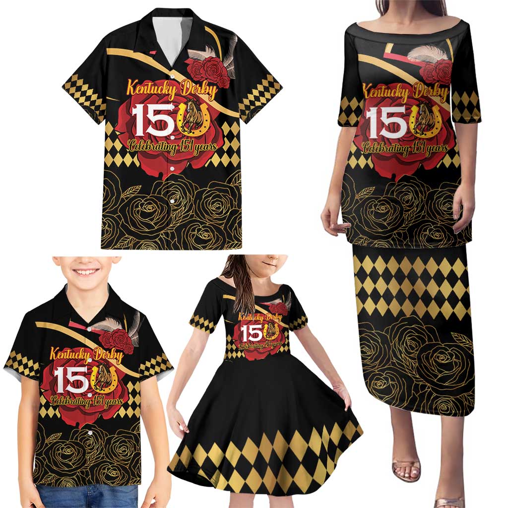 Kentucky Horse Racing Family Matching Puletasi and Hawaiian Shirt Celebrating 151 Years Horseshoe With Roses