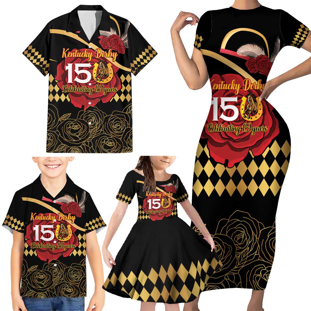 Kentucky Horse Racing Family Matching Short Sleeve Bodycon Dress and Hawaiian Shirt Celebrating 151 Years Horseshoe With Roses