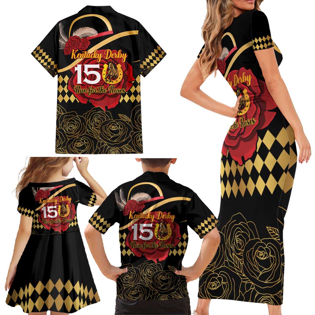 Kentucky Horse Racing Family Matching Short Sleeve Bodycon Dress and Hawaiian Shirt Celebrating 151 Years Horseshoe With Roses