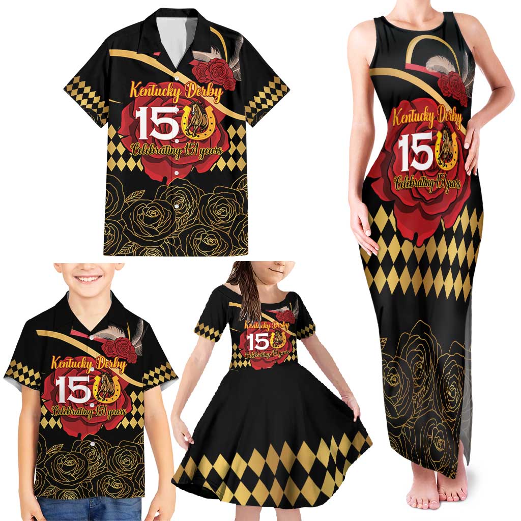 Kentucky Horse Racing Family Matching Tank Maxi Dress and Hawaiian Shirt Celebrating 151 Years Horseshoe With Roses