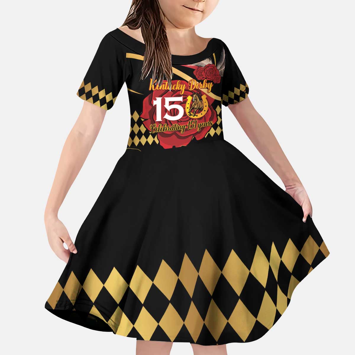 Kentucky Horse Racing Kid Short Sleeve Dress Celebrating 151 Years Horseshoe With Roses