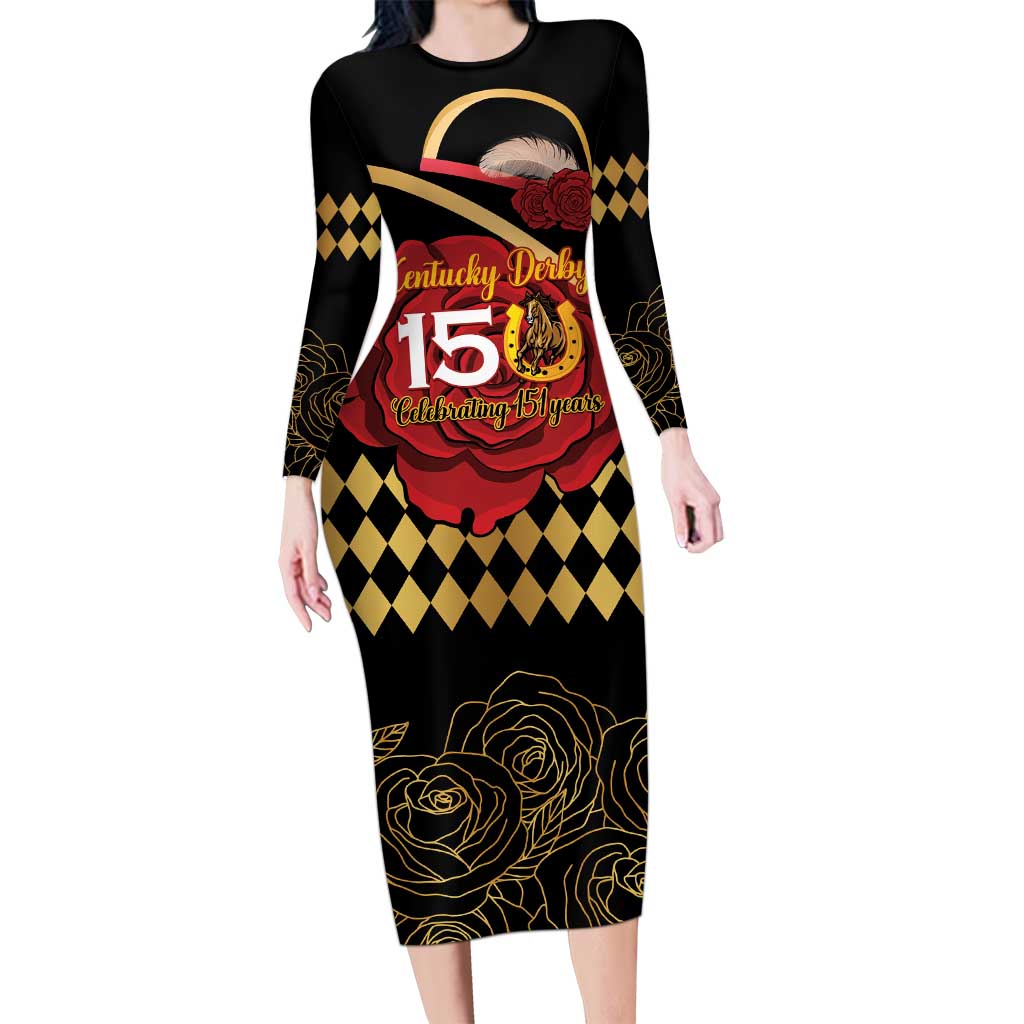 Kentucky Horse Racing Long Sleeve Bodycon Dress Celebrating 151 Years Horseshoe With Roses