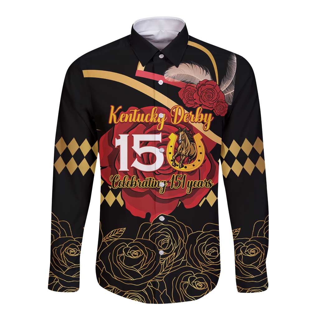 Kentucky Horse Racing Long Sleeve Button Shirt Celebrating 151 Years Horseshoe With Roses