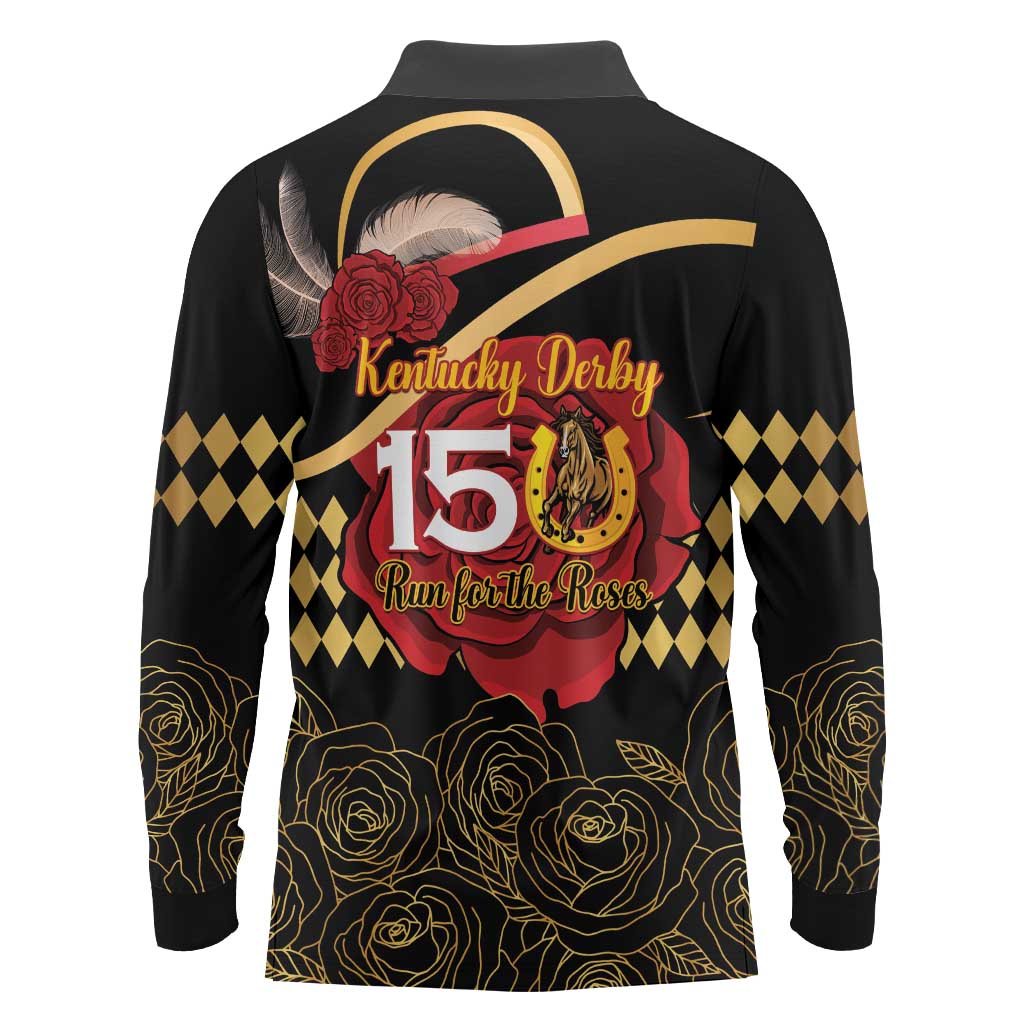 Kentucky Horse Racing Long Sleeve Polo Shirt Celebrating 151 Years Horseshoe With Roses