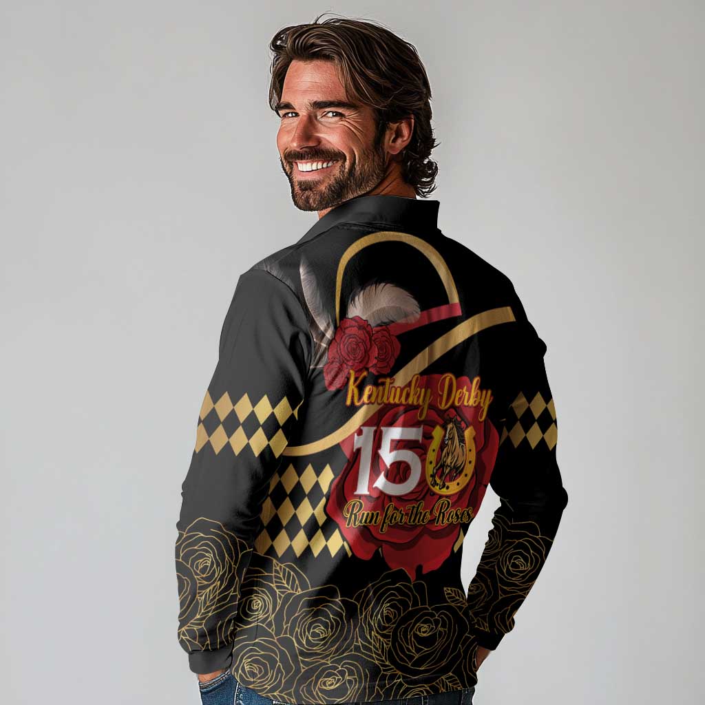 Kentucky Horse Racing Long Sleeve Polo Shirt Celebrating 151 Years Horseshoe With Roses
