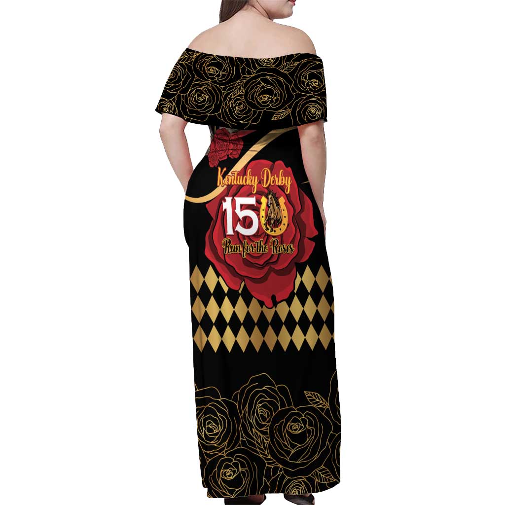 Kentucky Horse Racing Off Shoulder Maxi Dress Celebrating 151 Years Horseshoe With Roses