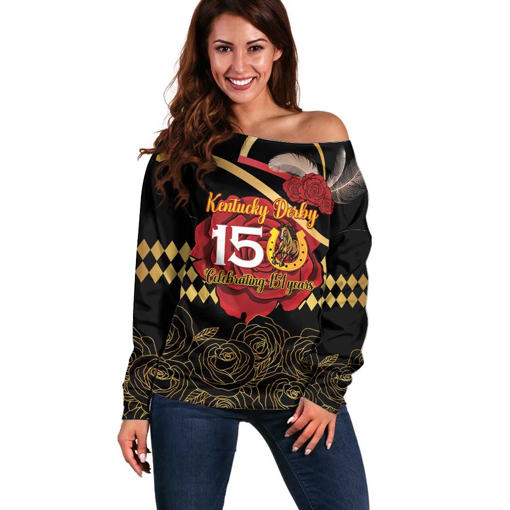 Kentucky Horse Racing Off Shoulder Sweater Celebrating 151 Years Horseshoe With Roses