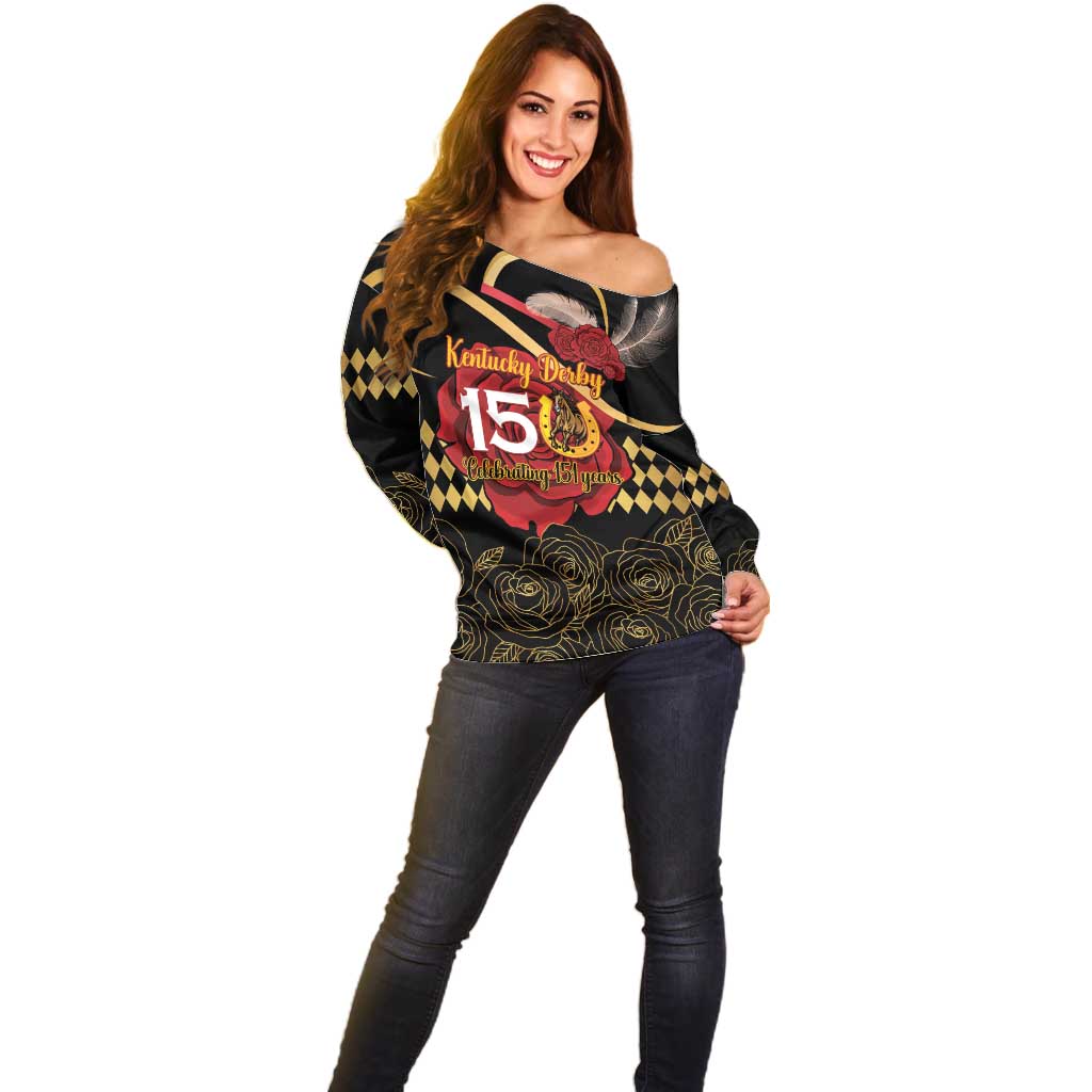 Kentucky Horse Racing Off Shoulder Sweater Celebrating 151 Years Horseshoe With Roses