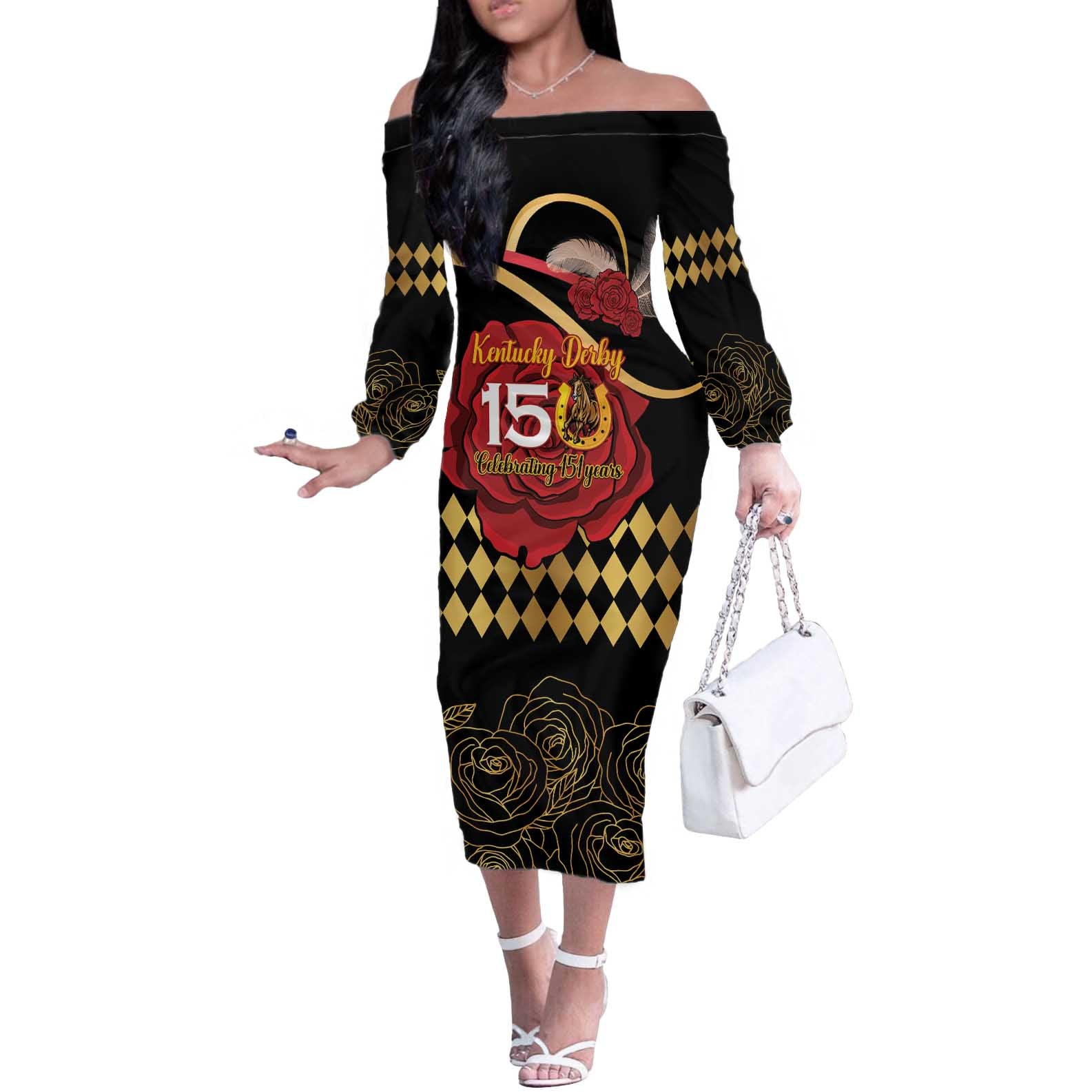 Kentucky Horse Racing Off The Shoulder Long Sleeve Dress Celebrating 151 Years Horseshoe With Roses