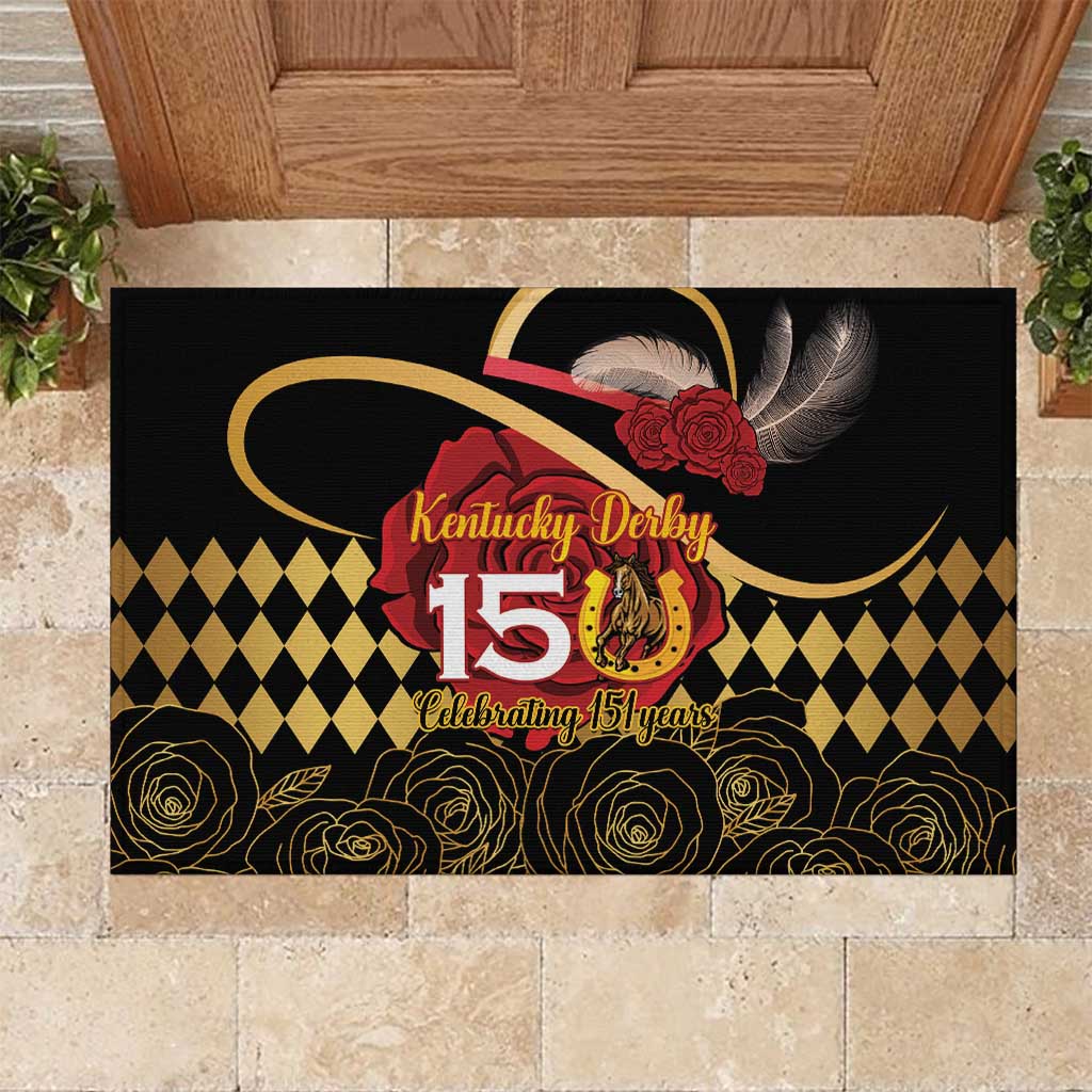 Kentucky Horse Racing Rubber Doormat Celebrating 151 Years Horseshoe With Roses