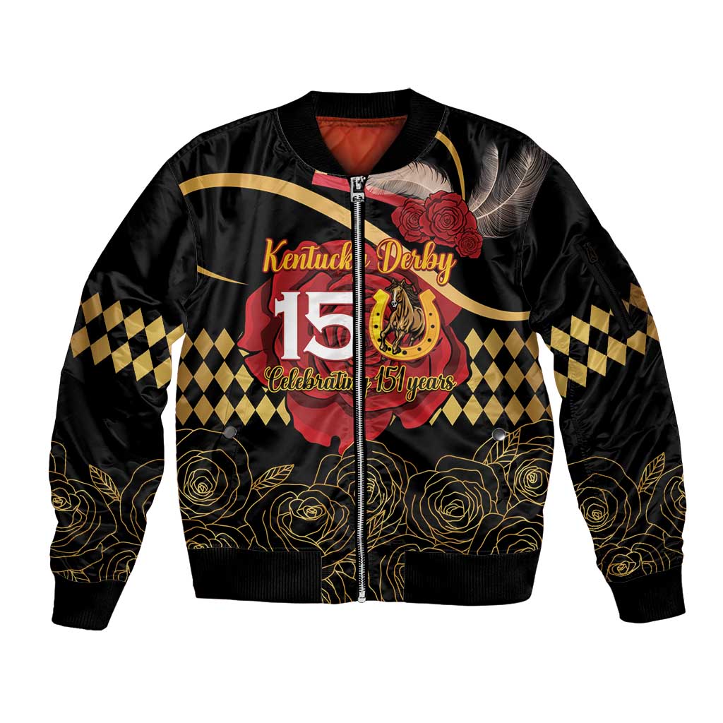 Kentucky Horse Racing Sleeve Zip Bomber Jacket Celebrating 151 Years Horseshoe With Roses