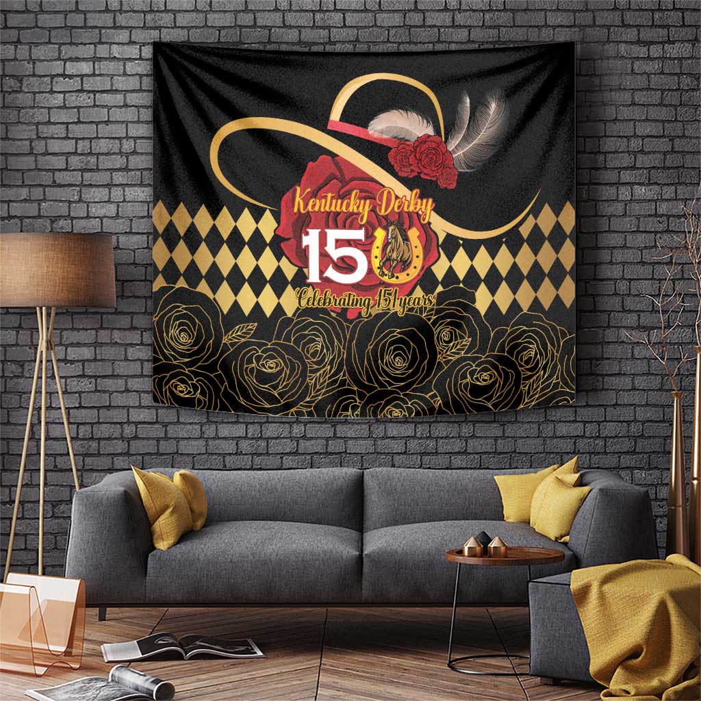 Kentucky Horse Racing Tapestry Celebrating 151 Years Horseshoe With Roses