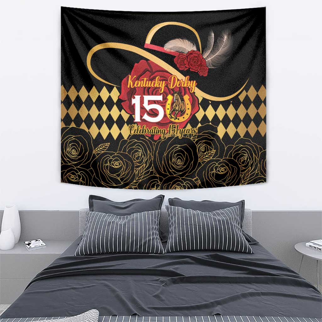 Kentucky Horse Racing Tapestry Celebrating 151 Years Horseshoe With Roses