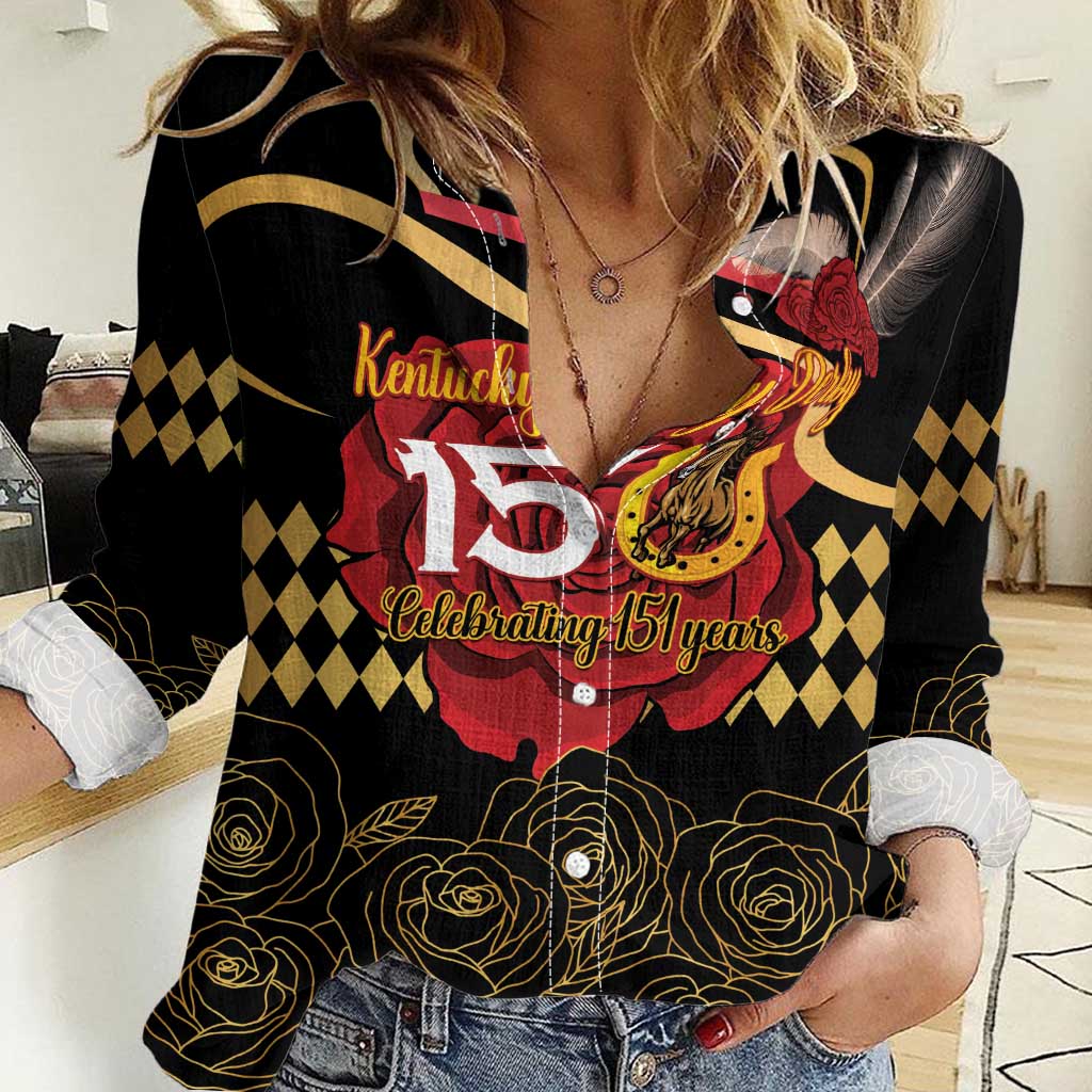 Kentucky Horse Racing Women Casual Shirt Celebrating 151 Years Horseshoe With Roses