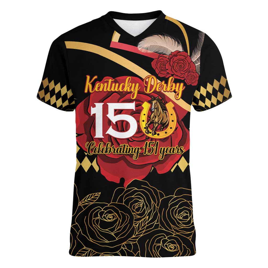 Kentucky Horse Racing Women V-Neck T-Shirt Celebrating 151 Years Horseshoe With Roses