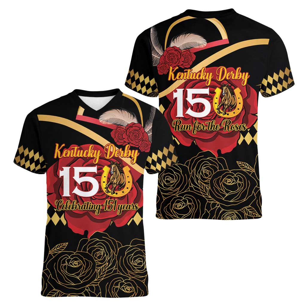 Kentucky Horse Racing Women V-Neck T-Shirt Celebrating 151 Years Horseshoe With Roses