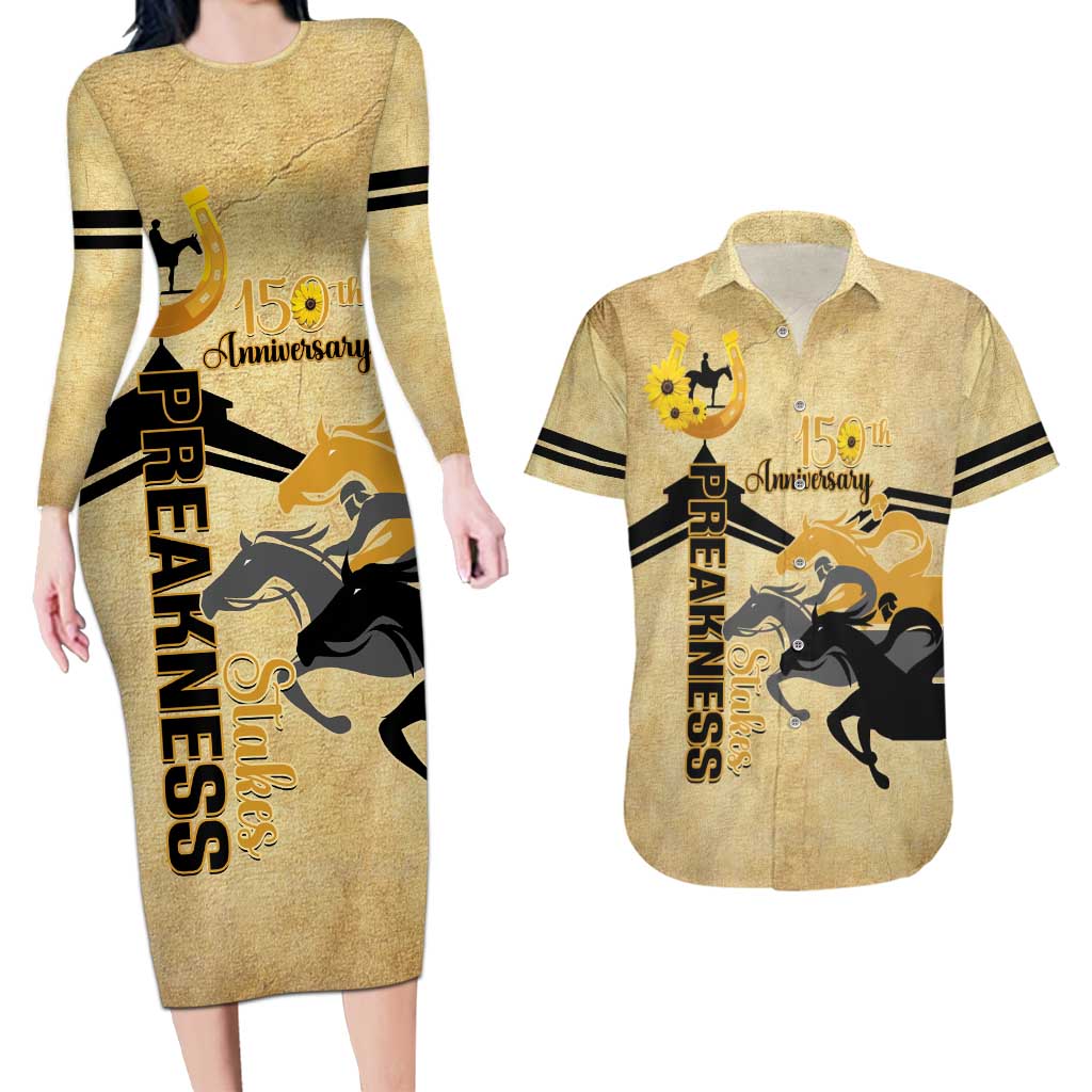 Personalized Preakness Horse Racing Couples Matching Long Sleeve Bodycon Dress and Hawaiian Shirt 150th Anniversary Run For The Black-Eyed Susans