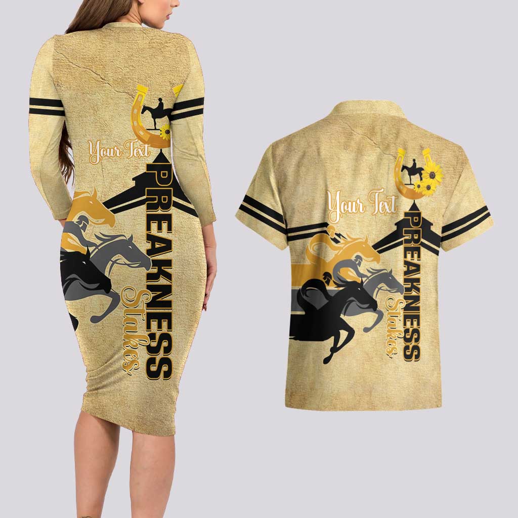 Personalized Preakness Horse Racing Couples Matching Long Sleeve Bodycon Dress and Hawaiian Shirt 150th Anniversary Run For The Black-Eyed Susans