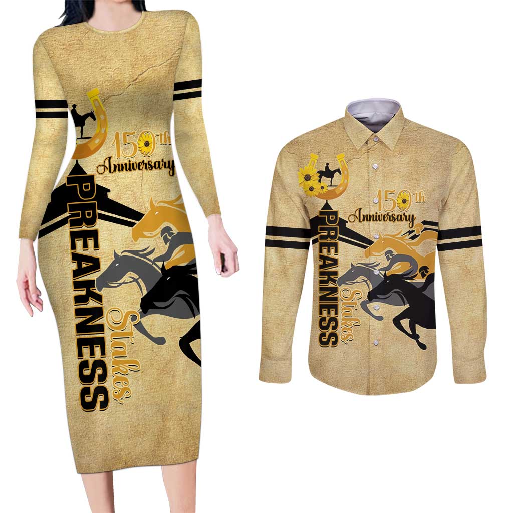 Personalized Preakness Horse Racing Couples Matching Long Sleeve Bodycon Dress and Long Sleeve Button Shirt 150th Anniversary Run For The Black-Eyed Susans