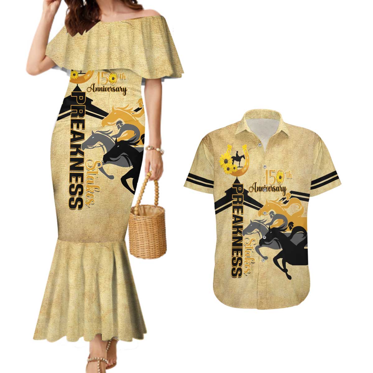 Personalized Preakness Horse Racing Couples Matching Mermaid Dress and Hawaiian Shirt 150th Anniversary Run For The Black-Eyed Susans