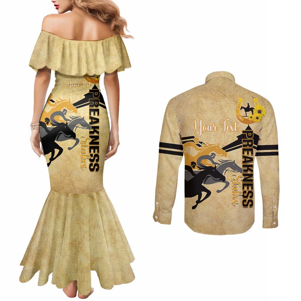 Personalized Preakness Horse Racing Couples Matching Mermaid Dress and Long Sleeve Button Shirt 150th Anniversary Run For The Black-Eyed Susans