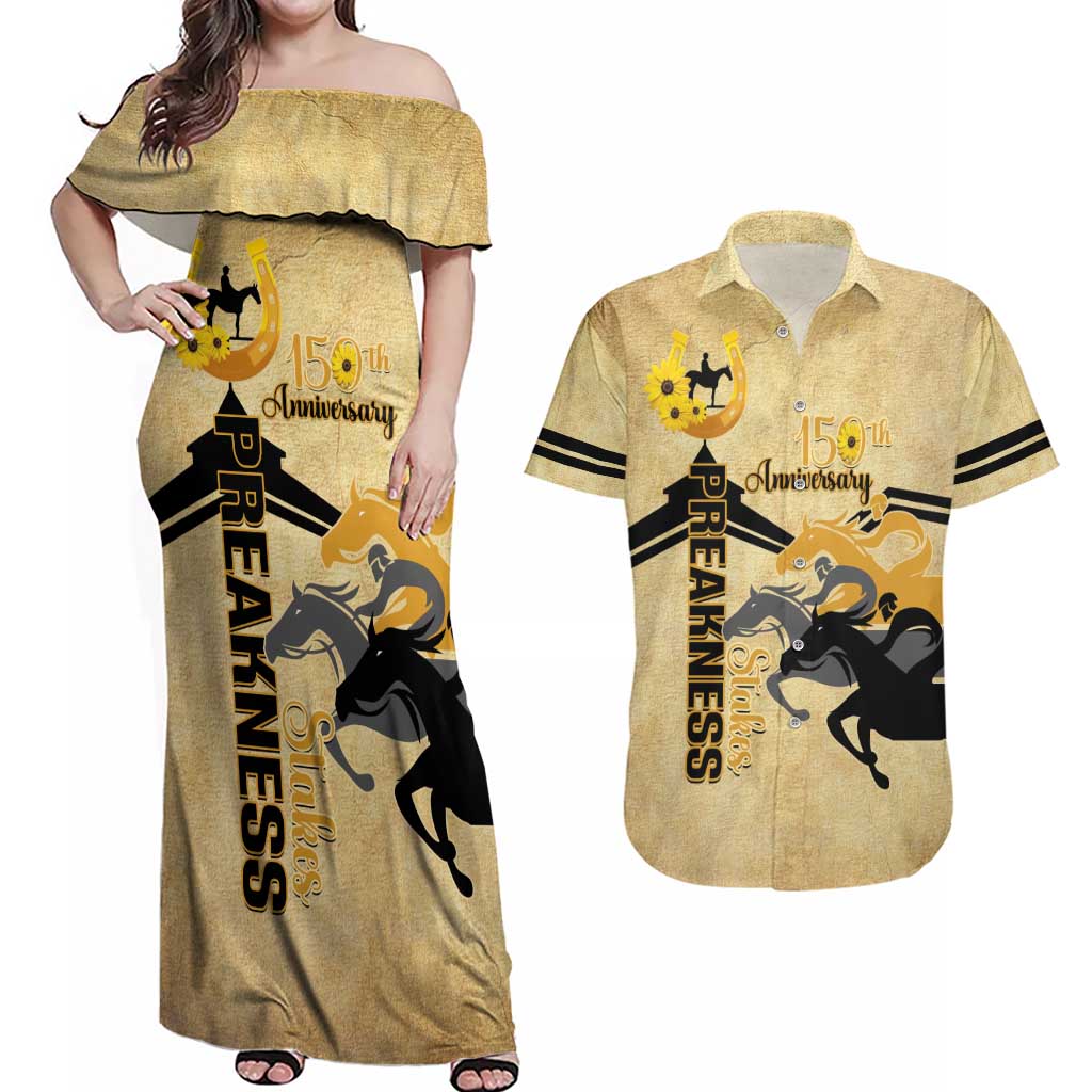 Personalized Preakness Horse Racing Couples Matching Off Shoulder Maxi Dress and Hawaiian Shirt 150th Anniversary Run For The Black-Eyed Susans