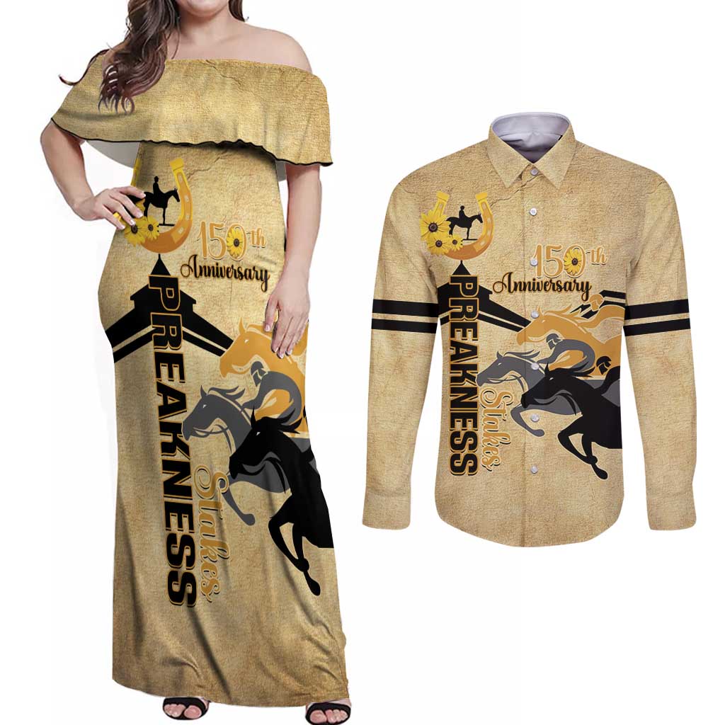 Personalized Preakness Horse Racing Couples Matching Off Shoulder Maxi Dress and Long Sleeve Button Shirt 150th Anniversary Run For The Black-Eyed Susans