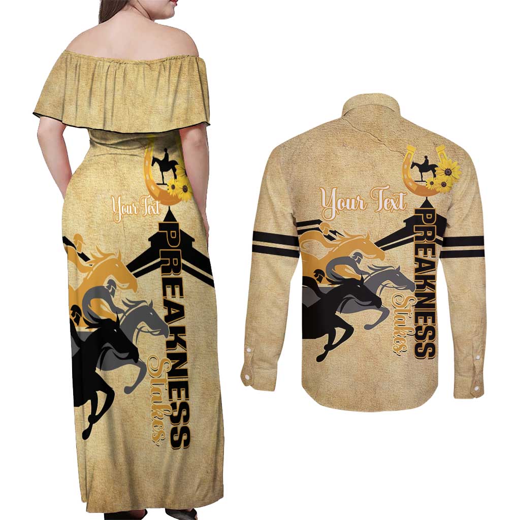 Personalized Preakness Horse Racing Couples Matching Off Shoulder Maxi Dress and Long Sleeve Button Shirt 150th Anniversary Run For The Black-Eyed Susans