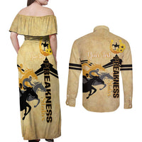 Personalized Preakness Horse Racing Couples Matching Off Shoulder Maxi Dress and Long Sleeve Button Shirt 150th Anniversary Run For The Black-Eyed Susans