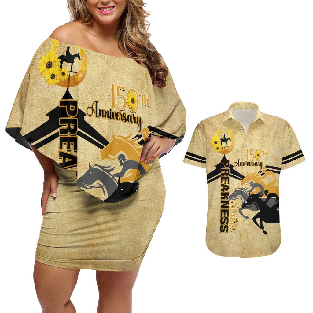 Personalized Preakness Horse Racing Couples Matching Off Shoulder Short Dress and Hawaiian Shirt 150th Anniversary Run For The Black-Eyed Susans