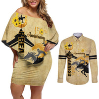 Personalized Preakness Horse Racing Couples Matching Off Shoulder Short Dress and Long Sleeve Button Shirt 150th Anniversary Run For The Black-Eyed Susans