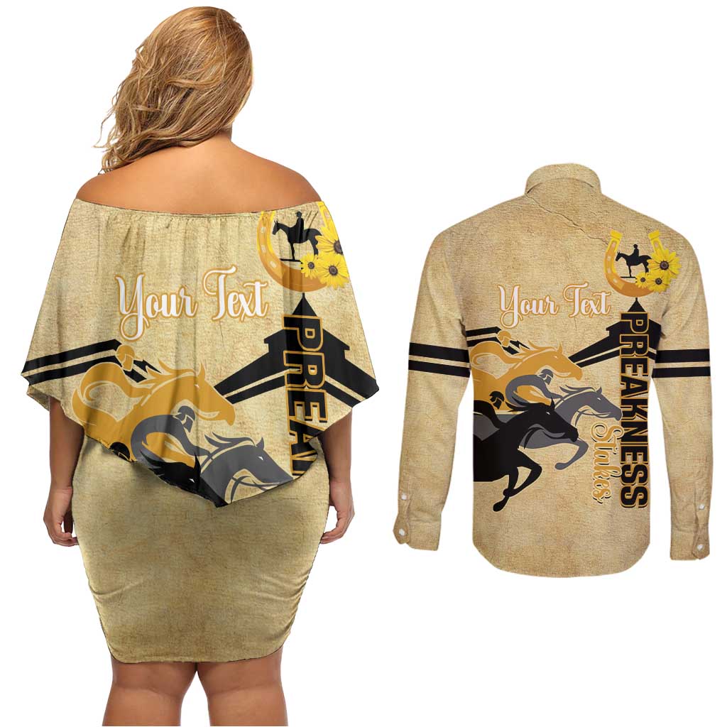 Personalized Preakness Horse Racing Couples Matching Off Shoulder Short Dress and Long Sleeve Button Shirt 150th Anniversary Run For The Black-Eyed Susans