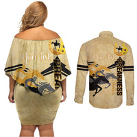 Personalized Preakness Horse Racing Couples Matching Off Shoulder Short Dress and Long Sleeve Button Shirt 150th Anniversary Run For The Black-Eyed Susans