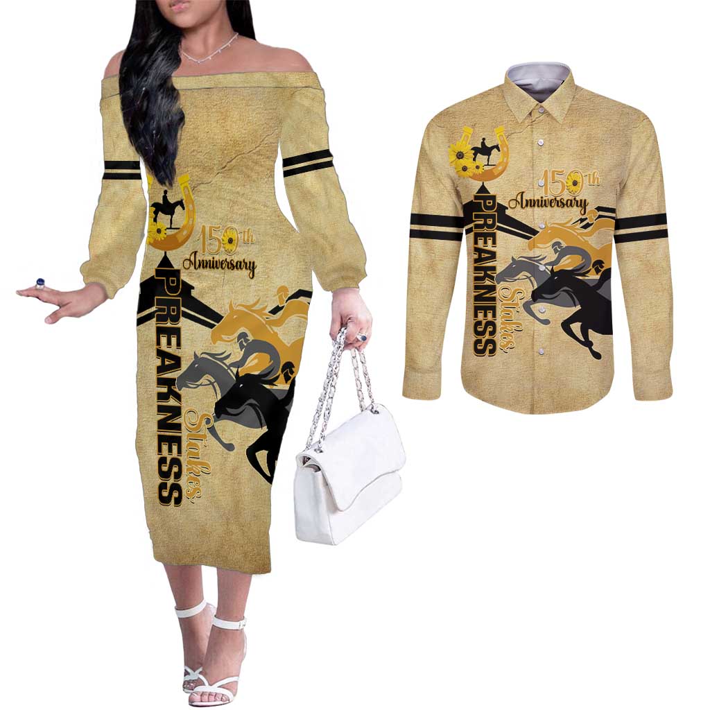 Personalized Preakness Horse Racing Couples Matching Off The Shoulder Long Sleeve Dress and Long Sleeve Button Shirt 150th Anniversary Run For The Black-Eyed Susans