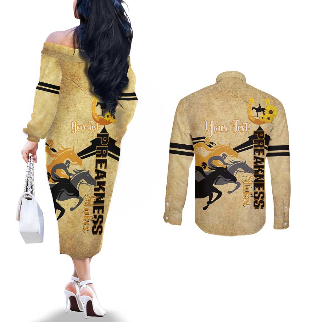Personalized Preakness Horse Racing Couples Matching Off The Shoulder Long Sleeve Dress and Long Sleeve Button Shirt 150th Anniversary Run For The Black-Eyed Susans