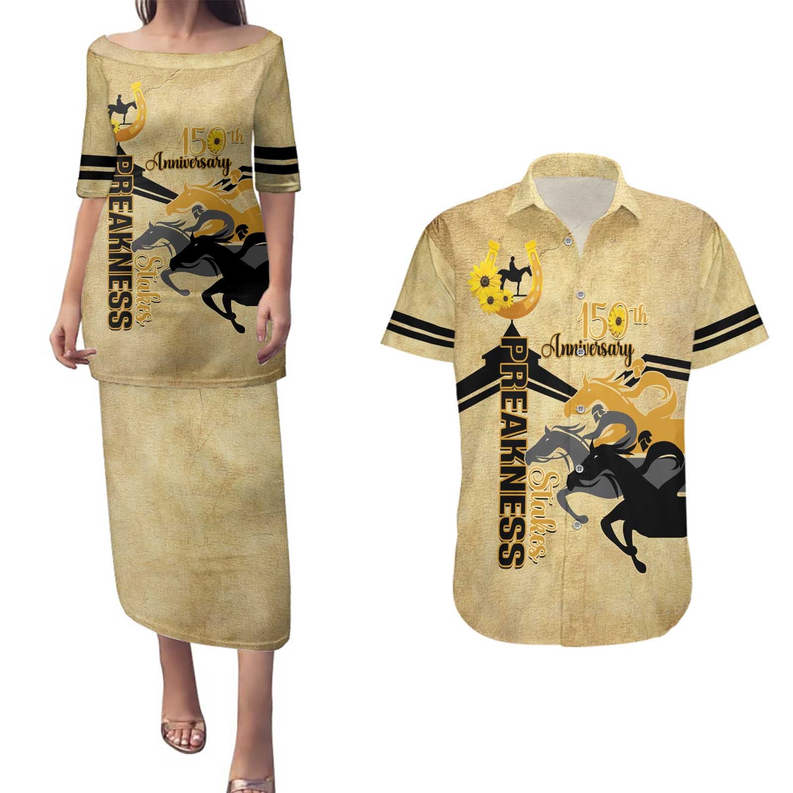 Personalized Preakness Horse Racing Couples Matching Puletasi and Hawaiian Shirt 150th Anniversary Run For The Black-Eyed Susans