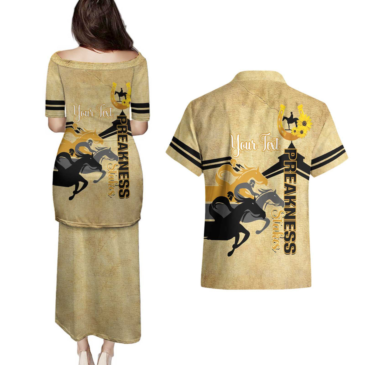 Personalized Preakness Horse Racing Couples Matching Puletasi and Hawaiian Shirt 150th Anniversary Run For The Black-Eyed Susans