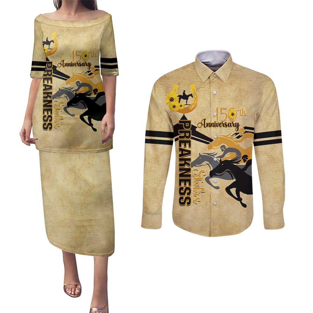 Personalized Preakness Horse Racing Couples Matching Puletasi and Long Sleeve Button Shirt 150th Anniversary Run For The Black-Eyed Susans