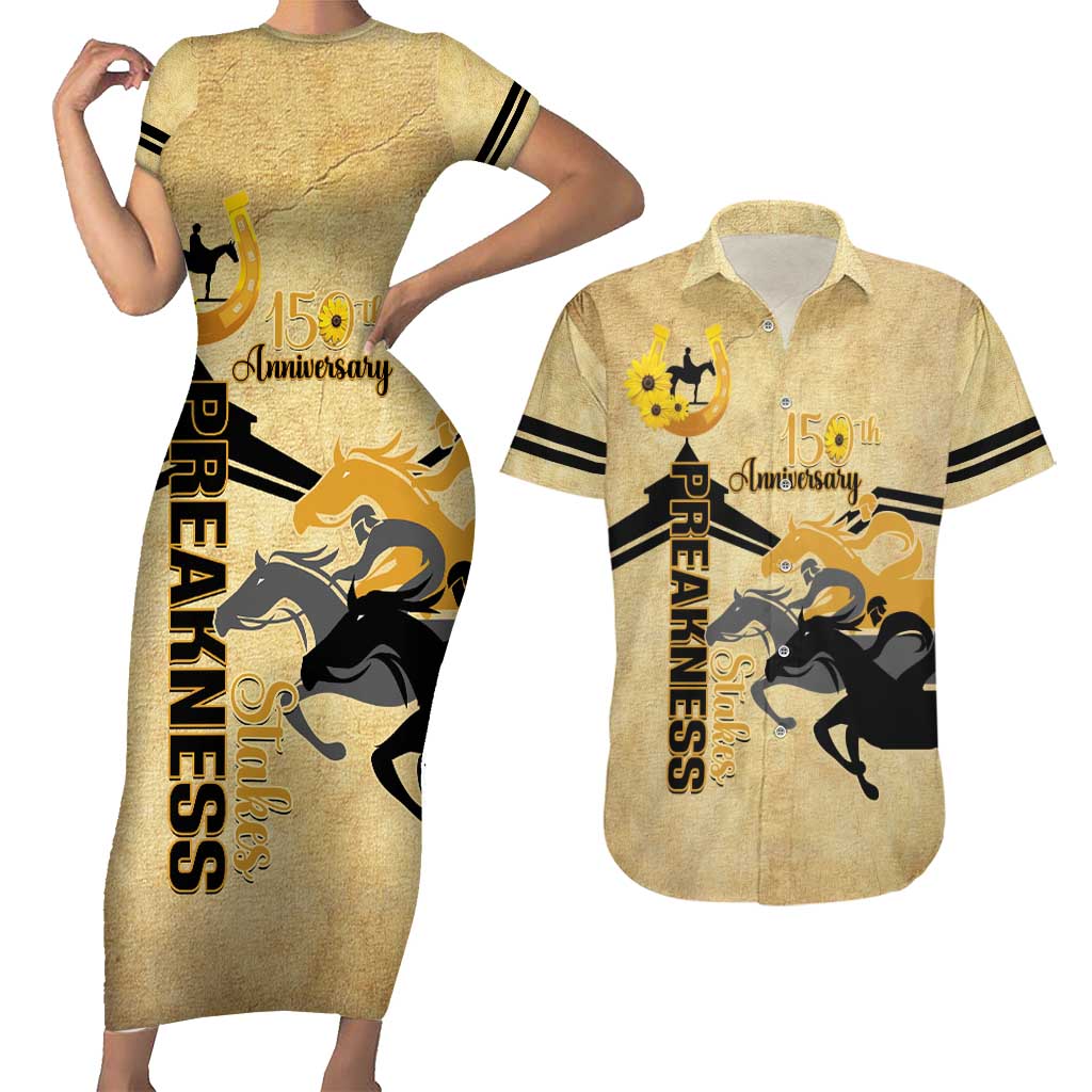 Personalized Preakness Horse Racing Couples Matching Short Sleeve Bodycon Dress and Hawaiian Shirt 150th Anniversary Run For The Black-Eyed Susans
