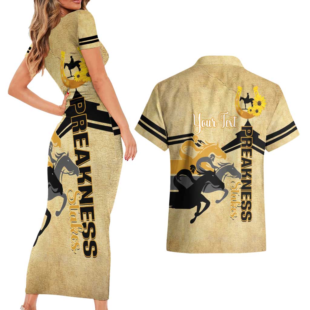 Personalized Preakness Horse Racing Couples Matching Short Sleeve Bodycon Dress and Hawaiian Shirt 150th Anniversary Run For The Black-Eyed Susans