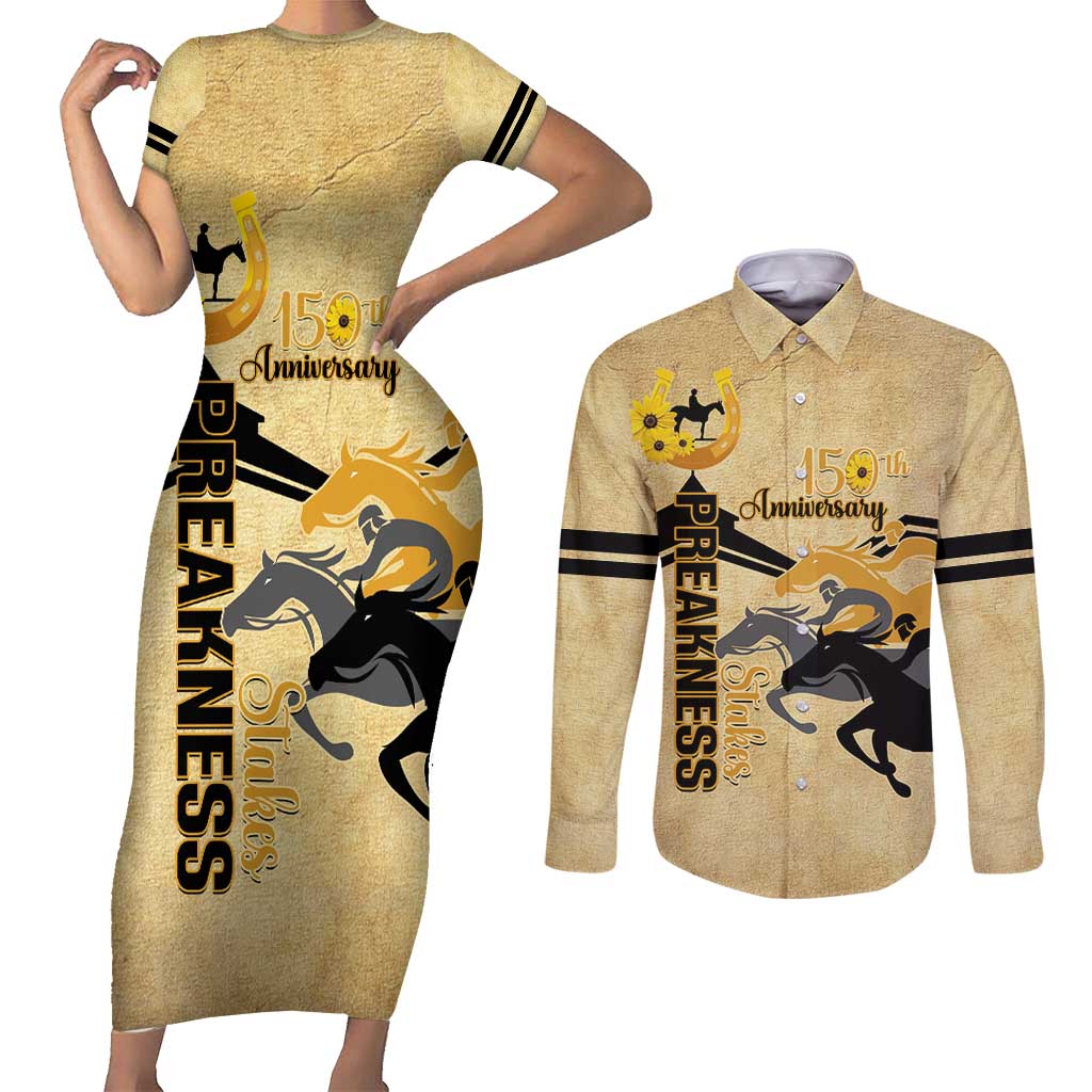 Personalized Preakness Horse Racing Couples Matching Short Sleeve Bodycon Dress and Long Sleeve Button Shirt 150th Anniversary Run For The Black-Eyed Susans