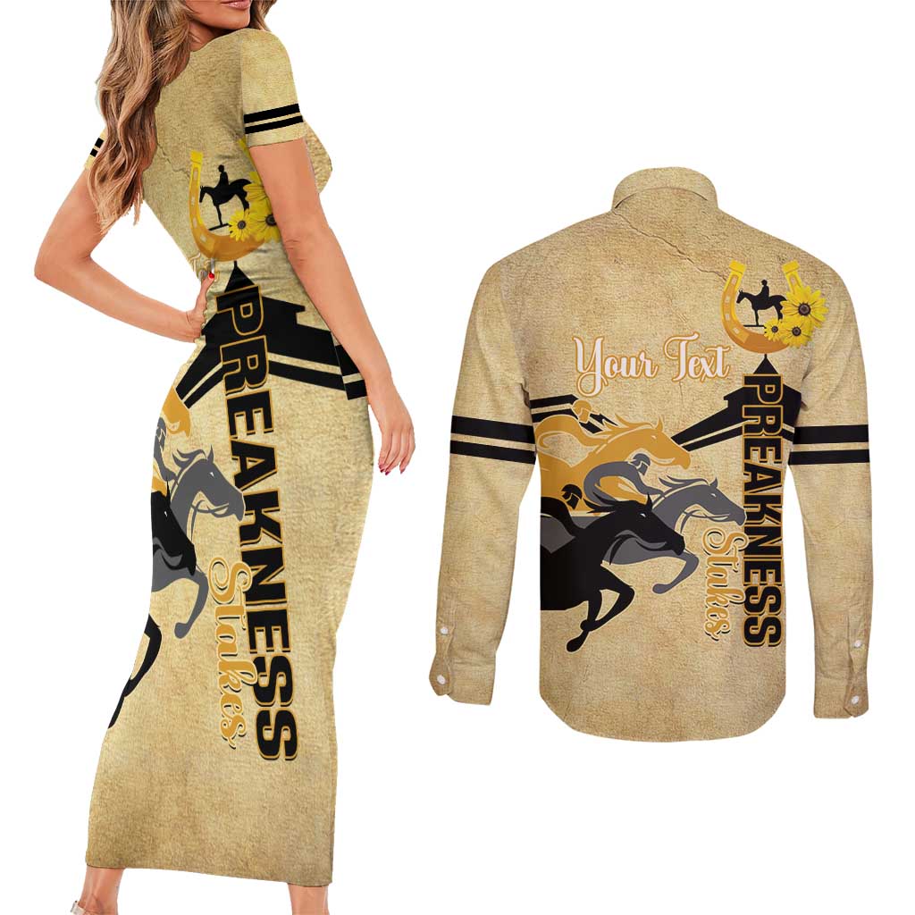 Personalized Preakness Horse Racing Couples Matching Short Sleeve Bodycon Dress and Long Sleeve Button Shirt 150th Anniversary Run For The Black-Eyed Susans