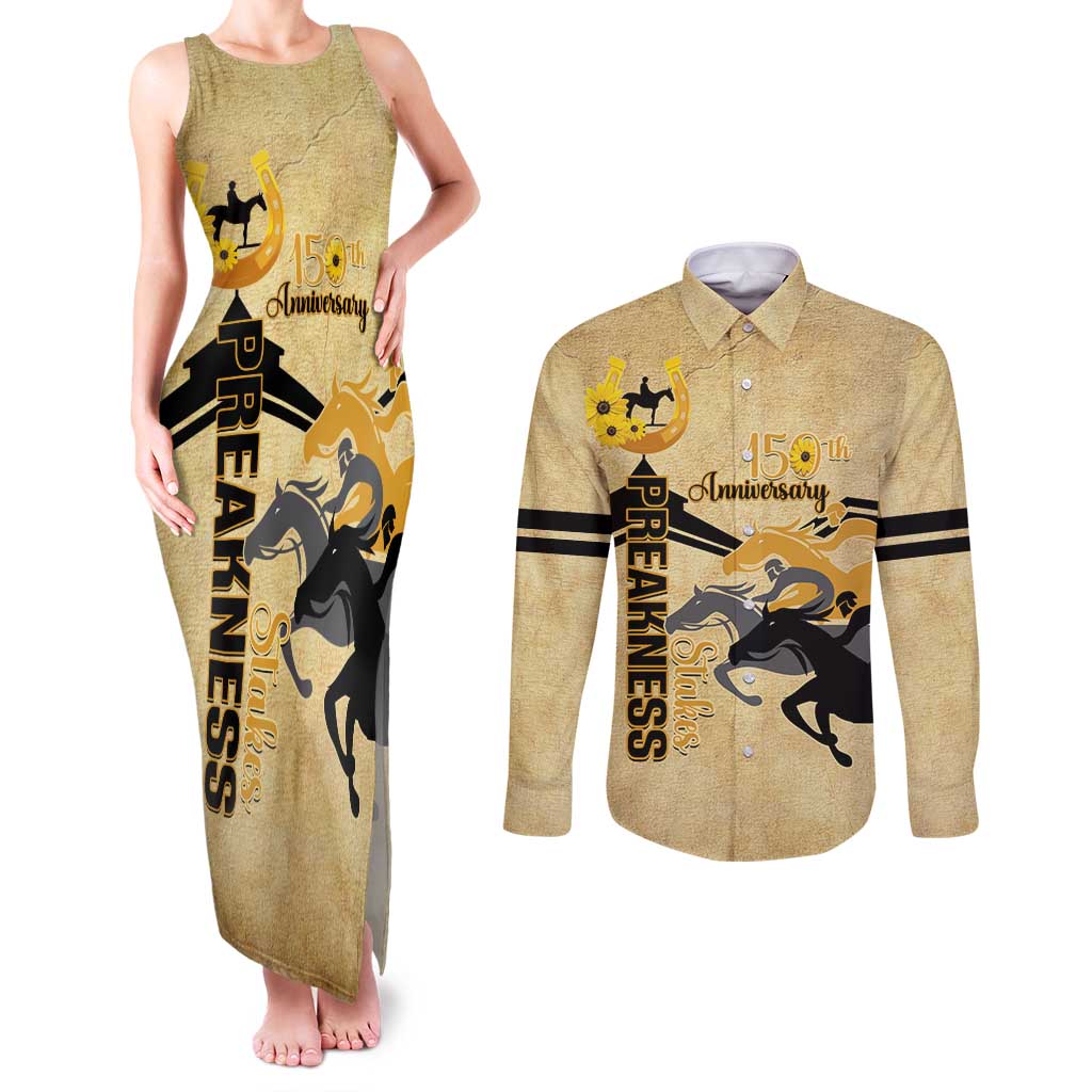 Personalized Preakness Horse Racing Couples Matching Tank Maxi Dress and Long Sleeve Button Shirt 150th Anniversary Run For The Black-Eyed Susans