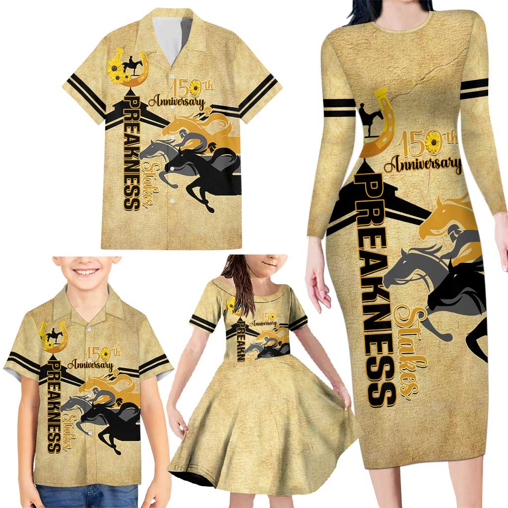 Personalized Preakness Horse Racing Family Matching Long Sleeve Bodycon Dress and Hawaiian Shirt 150th Anniversary Run For The Black-Eyed Susans