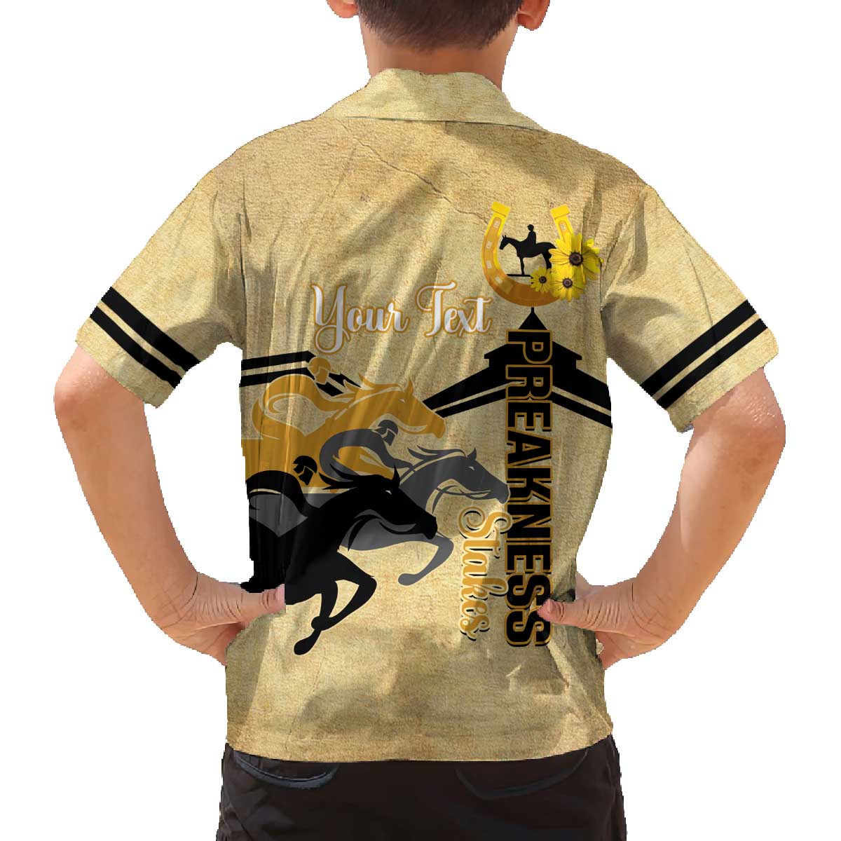 Personalized Preakness Horse Racing Family Matching Off The Shoulder Long Sleeve Dress and Hawaiian Shirt 150th Anniversary Run For The Black-Eyed Susans