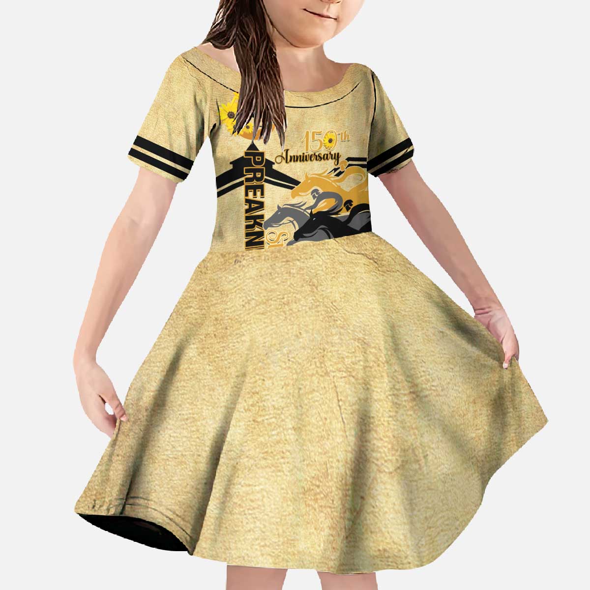 Personalized Preakness Horse Racing Family Matching Off The Shoulder Long Sleeve Dress and Hawaiian Shirt 150th Anniversary Run For The Black-Eyed Susans